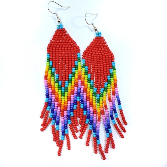 🌈 Red Rainbow Long Fringe Seed Bead Earrings - Picture 2 of 4